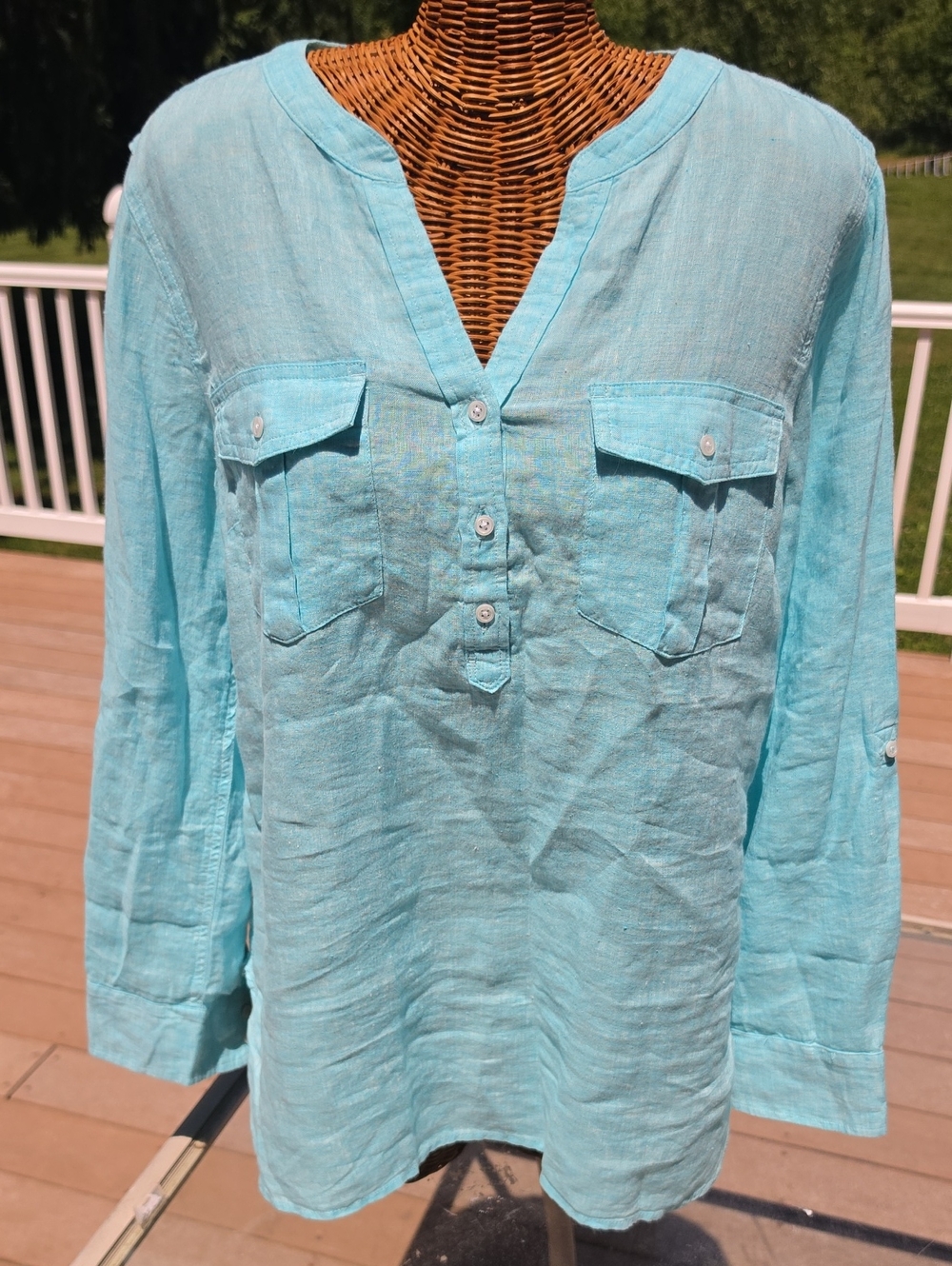 NWT 100% Linen Talbots Light Aqua Button-Front Linen Tunic